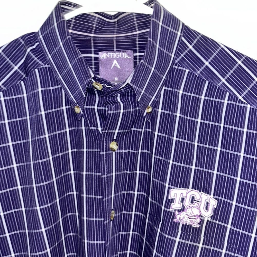 Antigua men’s purple white plaid check TCU Horned Frogs business work shirt M/L